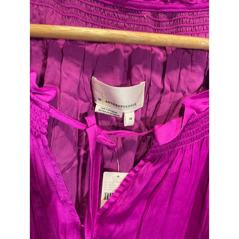 Anthropologie Mini Dress Womens XS Pink Satin Tiered Ruffle Boho Peasant New - Picture 4 of 6